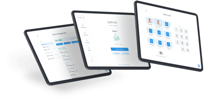 Drei Tablets zeigen Final Station, eine POS-App